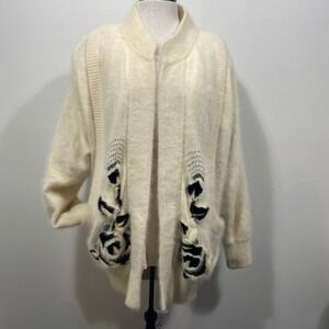 Shannan Vintage Angora Mink Fur Floral Beaded Cardigan Sweater Cream White Lrg